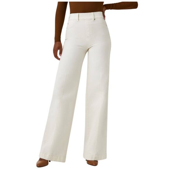 Spanx 1X Seamed Front Wide Leg Jeans Stretch High Rise Core Shaping Ecru White - Picture 1 of 12